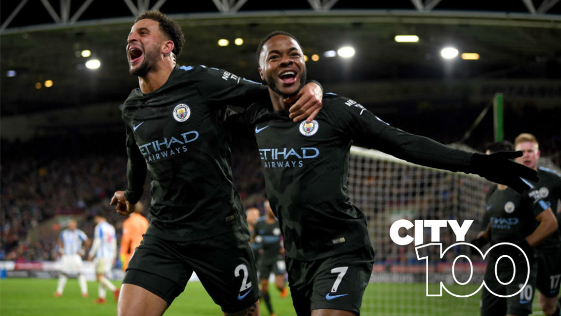 LATE, LATE SHOW: Raheem Sterling celebrates his dramatic late winner at Hudersfield with Kyle Walker