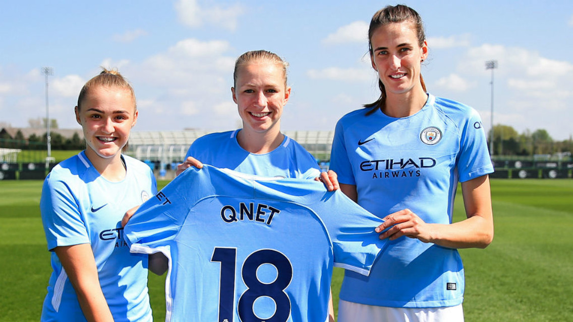 NEW DEAL: Georgia Stanway, Pauline Bremer and Jill Scott with the new shirts