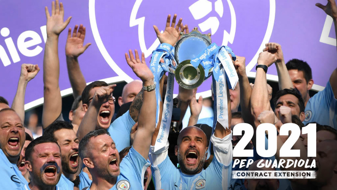 EXTENDED STAY: Pep Guardiola lifting the Premier League trophy