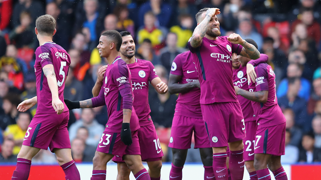Nicolas Otamendi saat mencetak gol bagi City