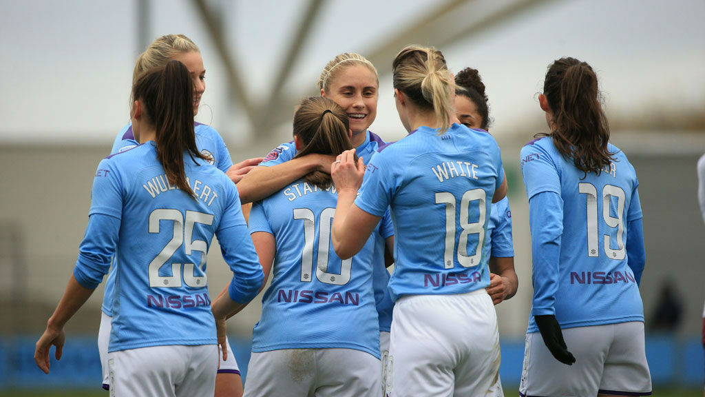 DAY TO REMEMBER : The City players salute Georgia Stanway after her second goal