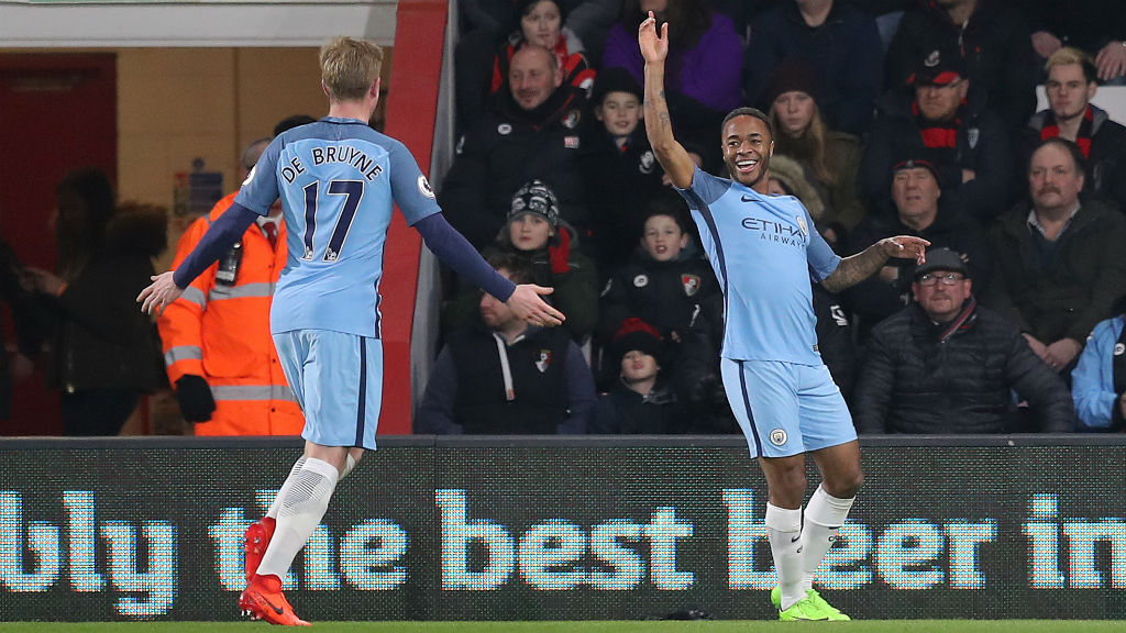 GOOD TIMES : Sterling celebrates putting City 1-0 up away to Bournemouth