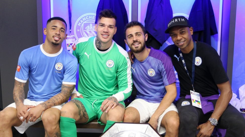 PORTUGEEZERS : Gabriel Jesus, Ederson, Bernardo and Fernandinho celebrate at Wembley.