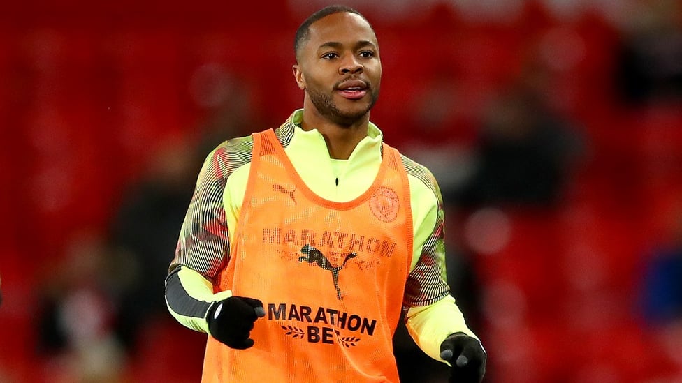 WARMING TO THE TASK : Raheem Sterling pre-match