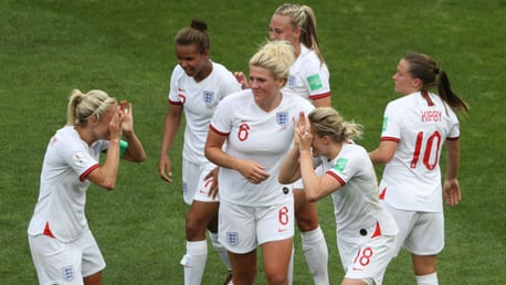 DOUBLE VISION: Steph Houghton (left) copies Ellen White's spectacle celebration after White's strike against Cameroon