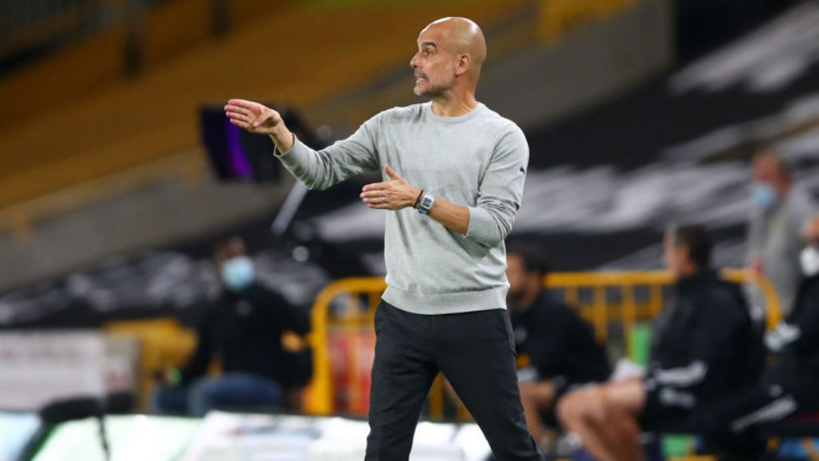 THE BOSS: Pep Guardiola gets his point across to the City players