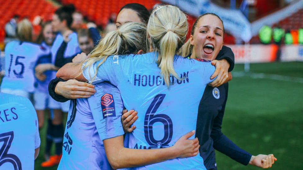 MOMENT TO SAVOUR : Steph Houghton celebrates victory with her ecstatic team-mates