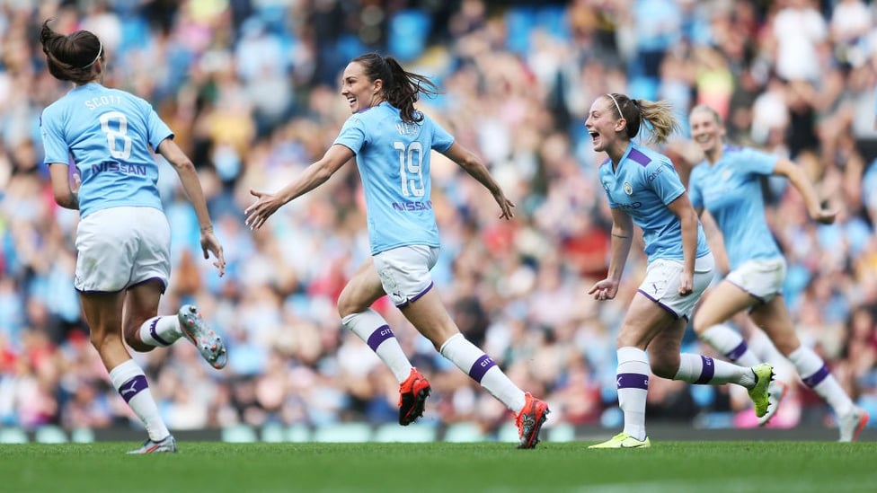 ICONIC : Caroline Weir wheels away in delight after netting the winner against Manchester United at the Etihad Stadium.