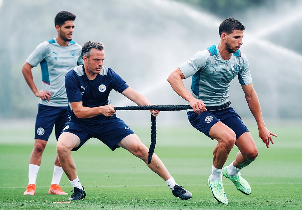 AT FULL STRETCH: Ruben Dias and Yan Couto step up their fitness work