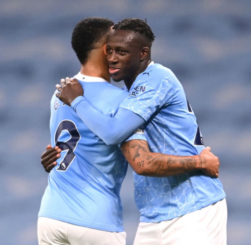 MAGIC MOMENT: Benjamin Mendy celebrates with Gabriel Jesus after his first City goal