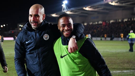 SMILES ALL ROUND: Pep and Raheem celebrate as the final whistle is blown.