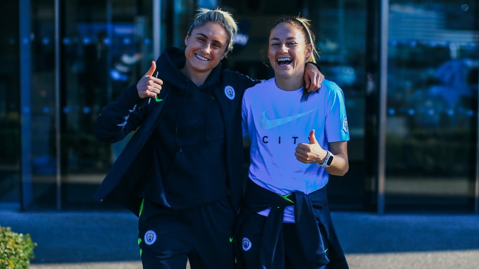 ALL SMILES : Skipper Steph Houghton and Janine Beckie play up to the camera