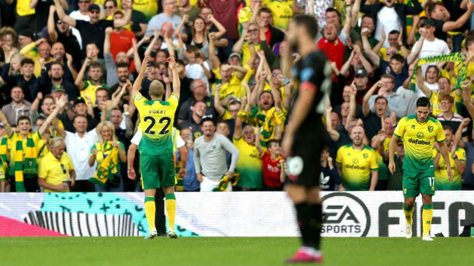 DISASTER : Pukki celebrates making it 3-1 to Norwich