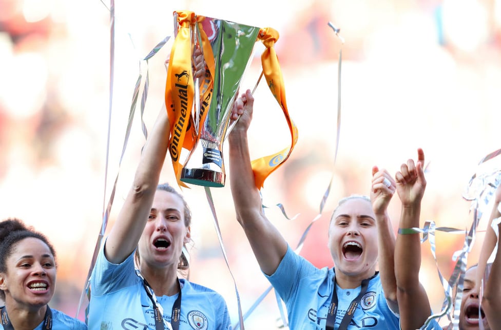 SILVER DREAM MACHINE: Jill and her City team mates lift the Continental Cup aloft after our 2019 final win over Arsenal