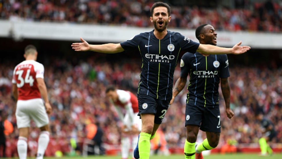 AWAY DAY DELIGHT : Bernardo Silva celebrates his goal in the 2-0 opening day win over Arsenal