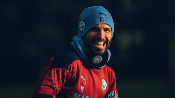 SMILES BETTER: Sergio Aguero was in great spirits during Monday's session!