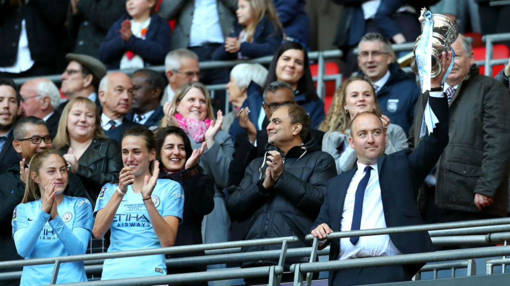 MAGIC MOMENT : Nick Cushing holds the Women's FA Cup aloft after City's Wembley triumph over West Ham last May