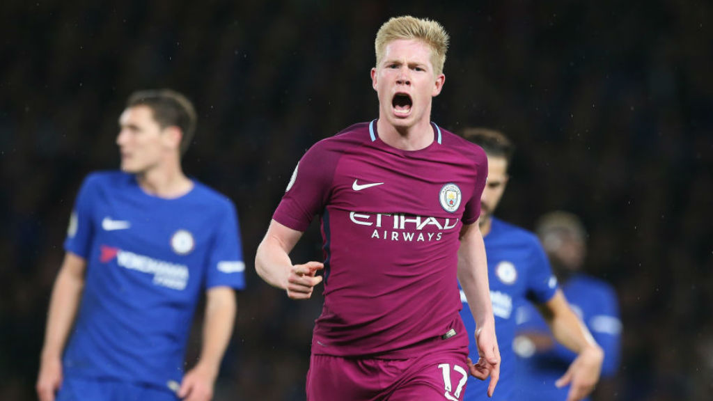 SPECIAL K : Kevin De Bruyne celebrates after his wonder-goal in a crucial win at Chelsea last season