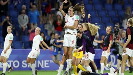 JUMPING FOR JOY: Jill Scott can't contains her delight as England celebrate after their 3-0 World Cup quarter-final win over Norway