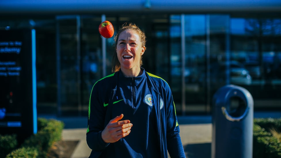 AN APPLE A DAY : The ever-playful Karen Bardsley