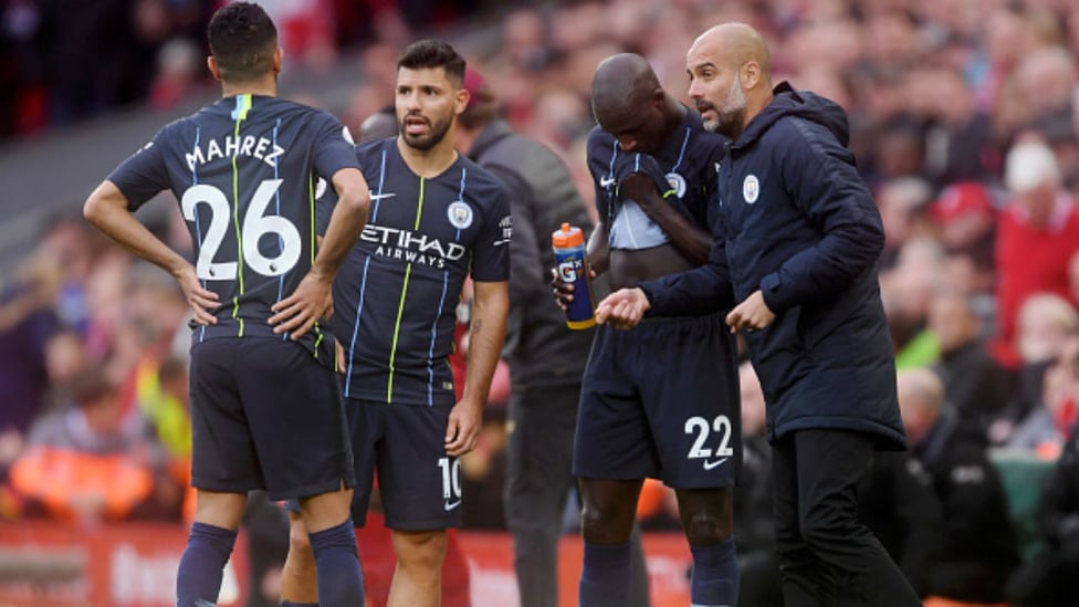 PLAYER INSTRUCTIONS : Pep coaches the players midway through the 0-0 draw against Liverpool