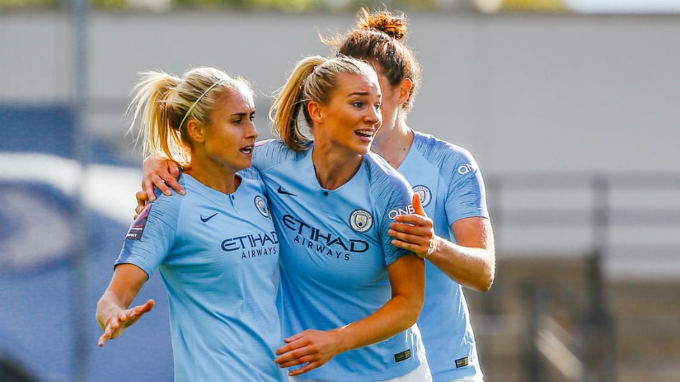 DEFENSIVE TRIO : Steph Houghton, Gemma Bonner and Jen Beattie celebrate