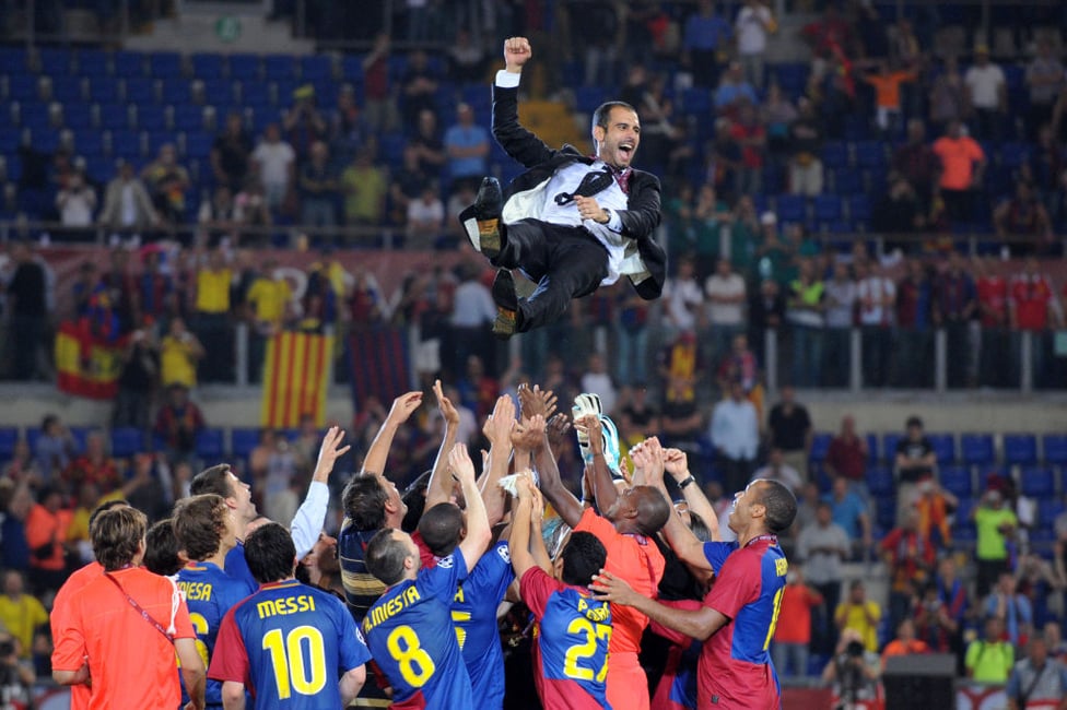 TREBLE WINNERS : In his first season Guardiola guides Barcelona to the treble, becoming the first team to do so in Spanish football history