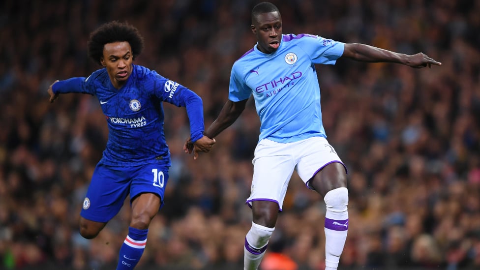 BATTLE OF THE BLUES : Benjamin Mendy and Willian compete for possession