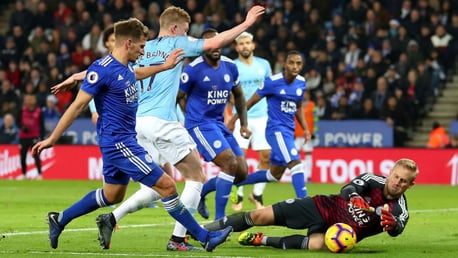 SO CLOSE: Kasper Schmeichel dives to deny Kevin De Bruyne