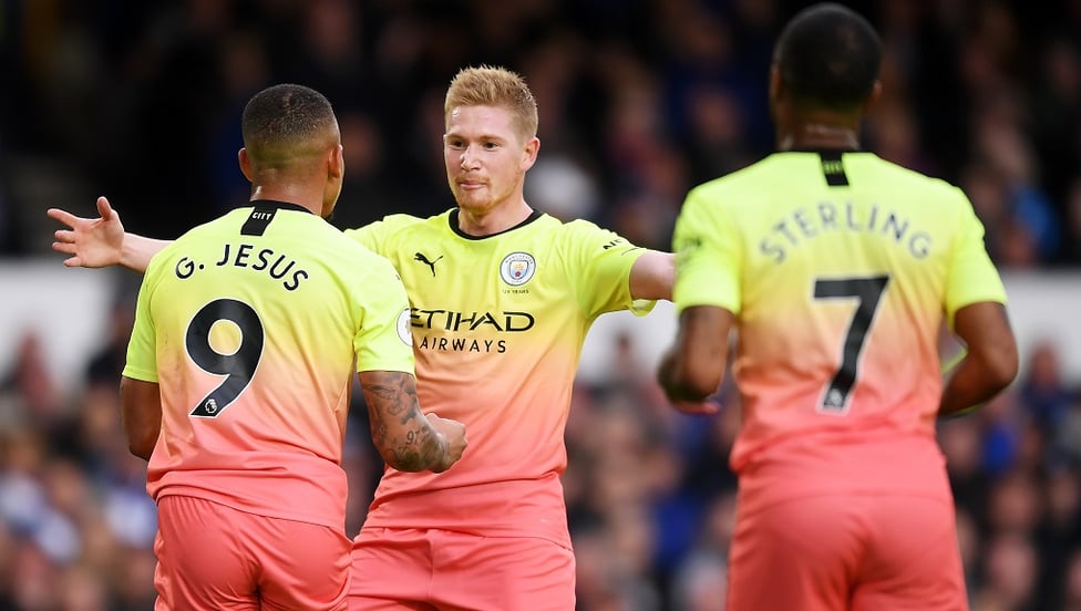 NICELY DONE : Kevin De Bruyne congratulates Gabriel Jesus