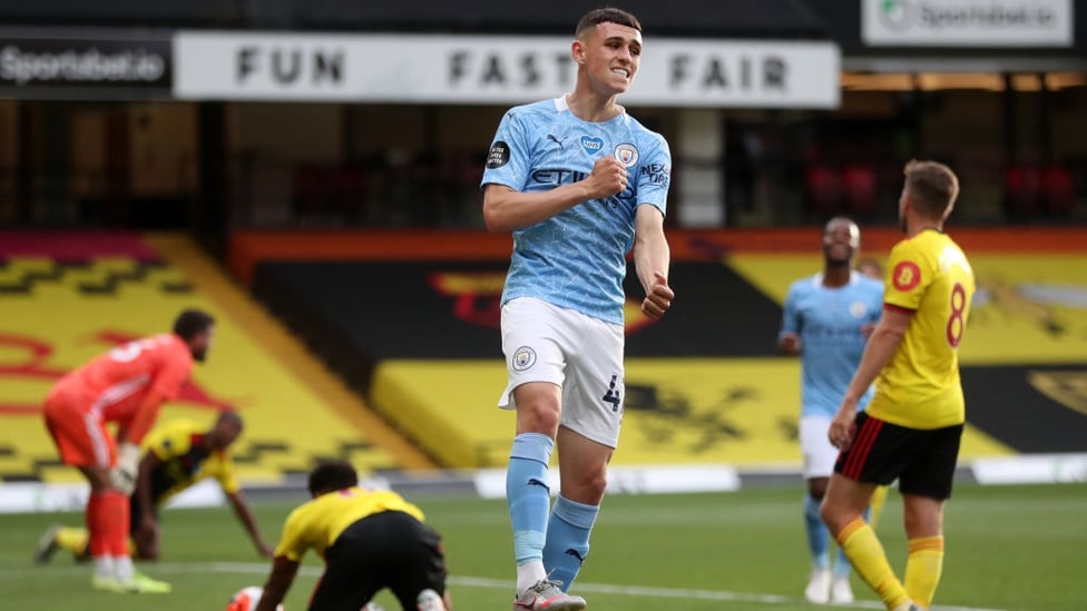 DELIGHT : Foden celebrates after finding the net.
