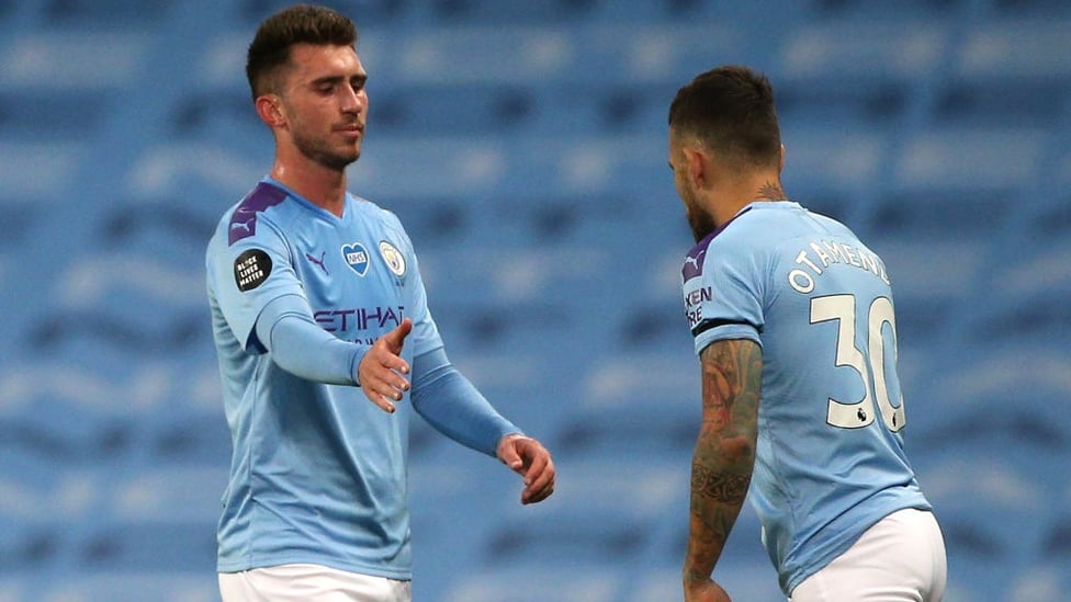 OVER AND OUT : Otamendi replaces Laporte late on as City see out a wonderful victory.