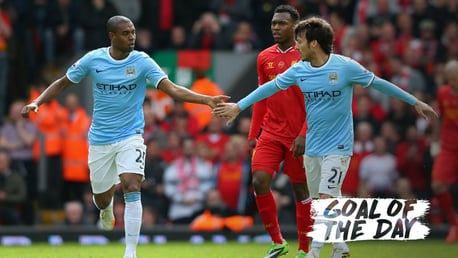 GOAL: David Silva celebrates his strike against Liverpool in 2014.