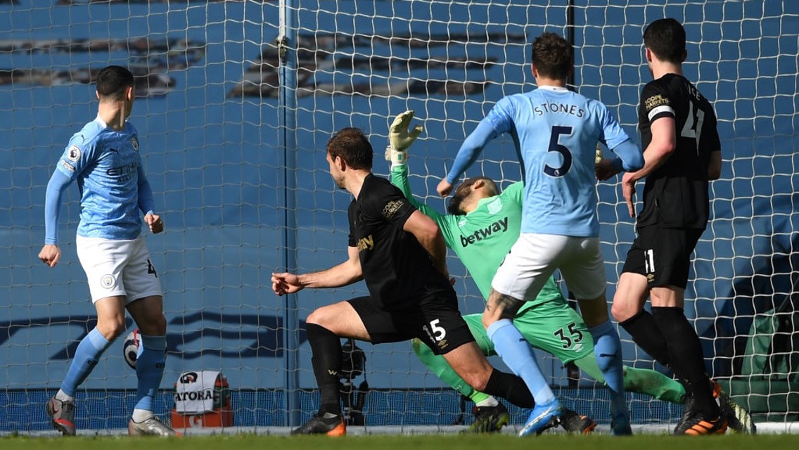 STRIKER'S FINISH: Stones expertly puts City back into the lead with just over 20 minutes remaining.