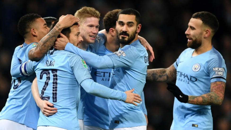 CENTRE OF ATTENTION : The Blues are all smiles after KDB's header