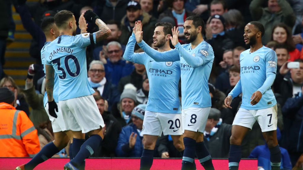 HIGH TENS : The team celebrate Ilkay Gundogan's brilliant header