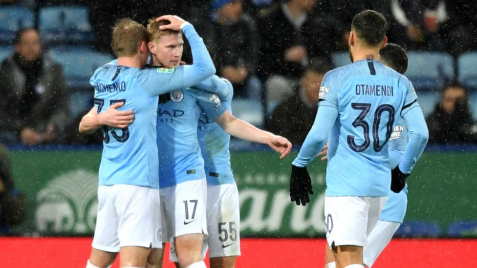 CELEBRATION TIME : Kevin De Bruyne and his colleagues are all smiles after his stunning strike