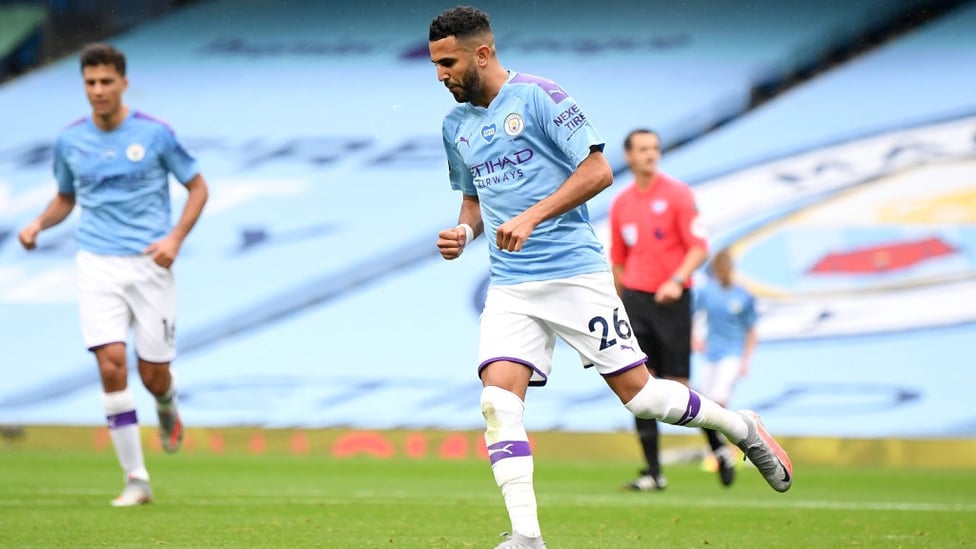 CELEBRATE : Mahrez wheels away to celebrate his composed finish.