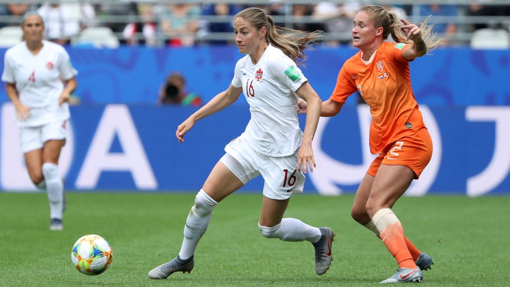 COLLISION: Janine Beckie was fouled by Desiree van Lunteren as Canada took on the Netherlands.