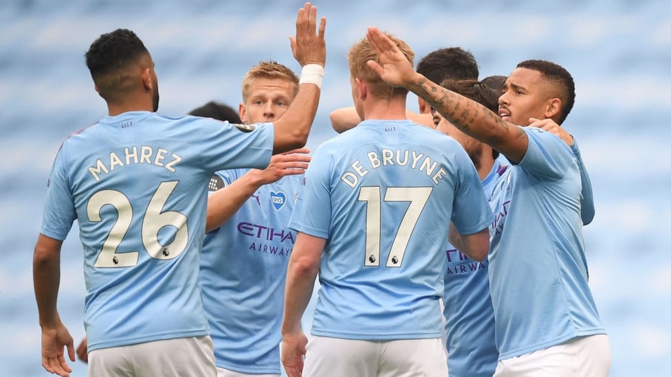 CENTRE OF ATTENTION : Jesus is congratulated by his teammates after the early goal.