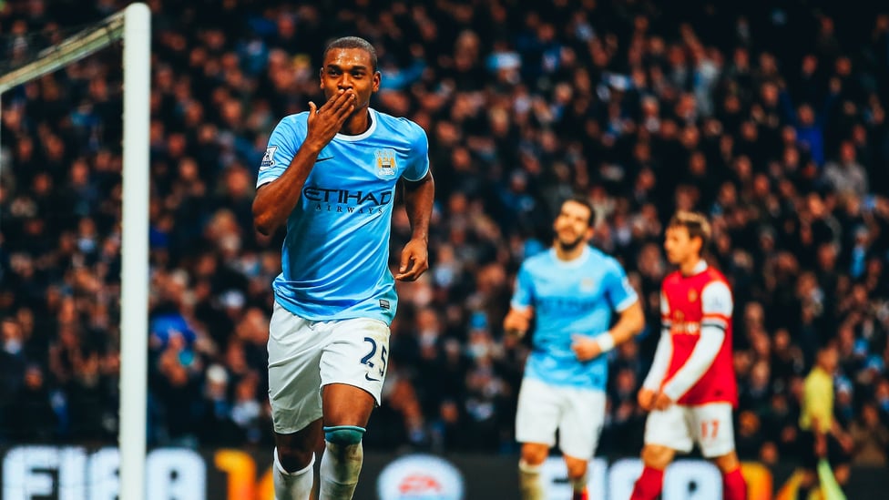 OFF THE MARK: : Celebrating his first goal, one of two that day, as he delivered a Man of the Match performance in a 6-3 win over Arsenal.