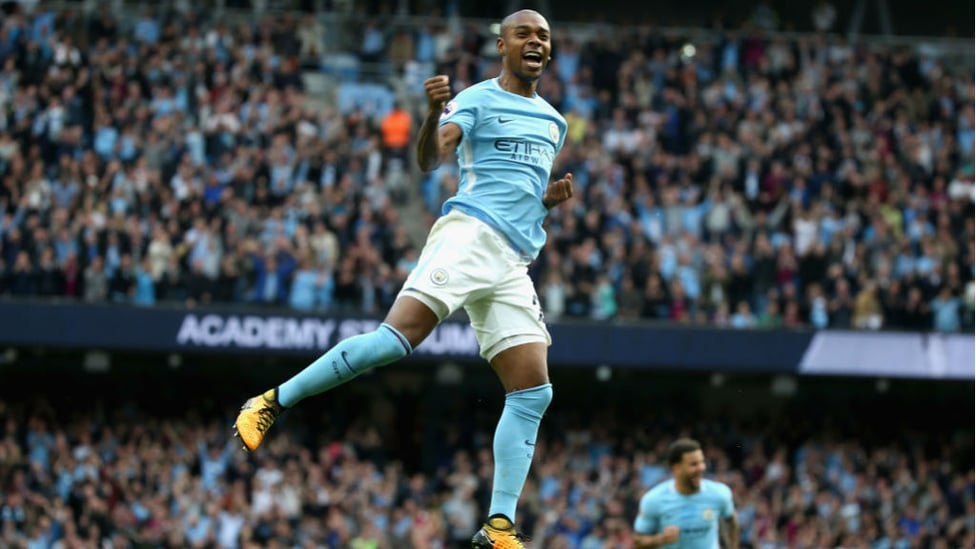 GOALDEN SHOT : Our Brazilian jumps for joy after his thunderbolt against Stoke which was voted as the 2017/18 Nissan Goal of the Season