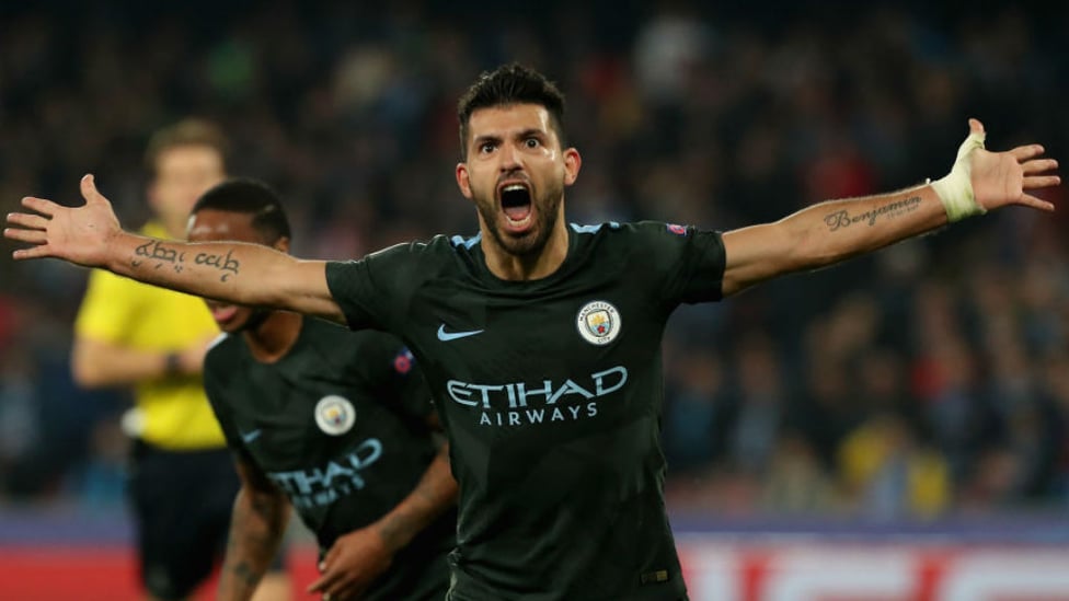 RECORD BREAKER : Kun celebrates after becoming City's all-time leading scorer having netted his 178th goal for the Club away at Napoli in November 2017