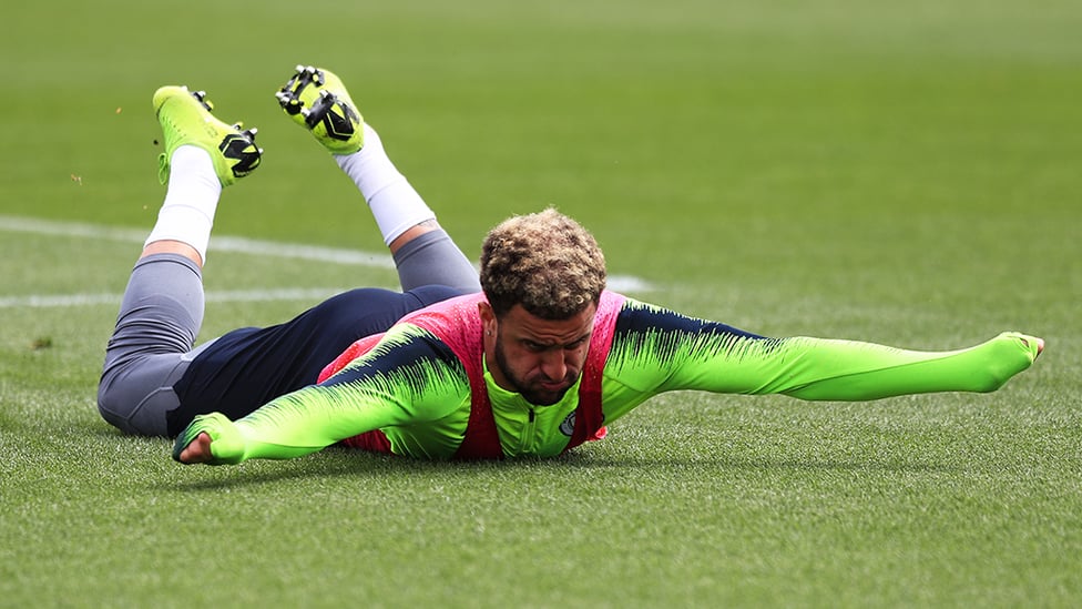 SKY'S THE LIMIT : Kyle Walker practices a parachute goal celebration