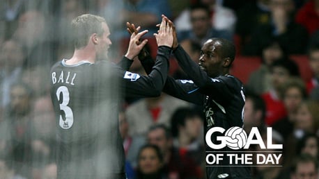 BEASLEY: City's American winger celebrates with Michael Ball after his goal at the Emirates Stadium