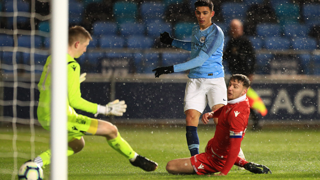 ON TARGET : Nabil Touaizi fires home during City's FA Youth Cup fourth round win over Nottingham Forest