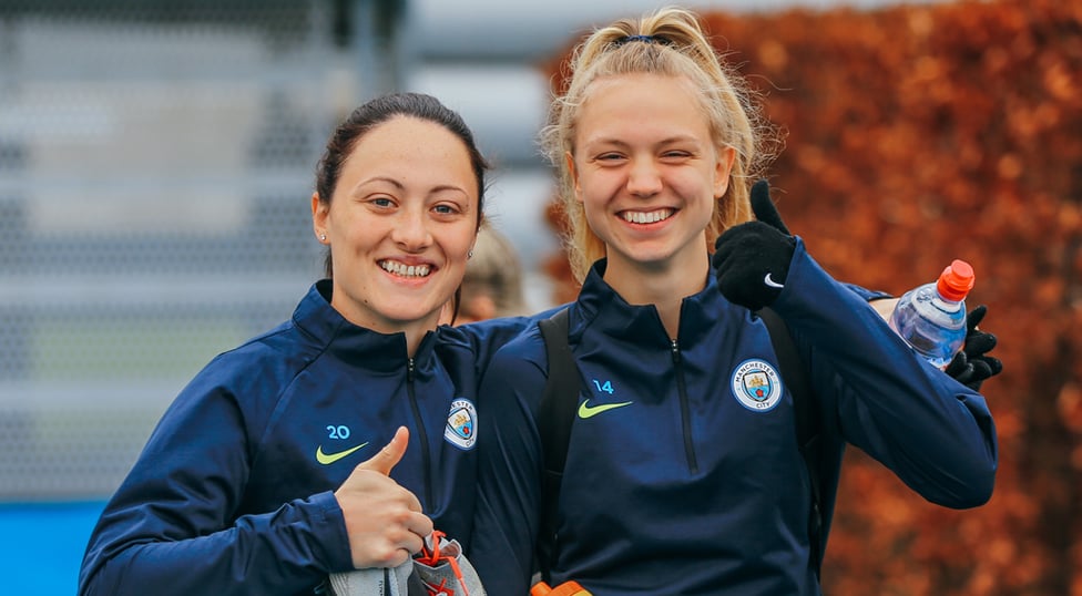 SMILES BETTER : Megan Campbell and Esme Morgan are happy to get back to work at City