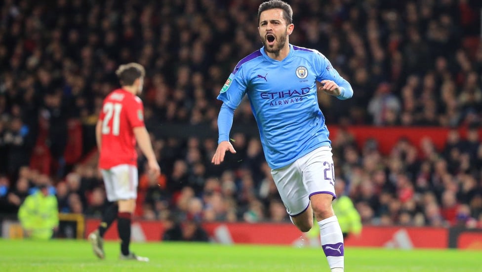 Red faces : Bernardo loves a goal at Old Trafford