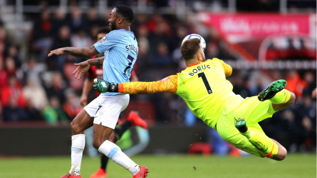 ALMOST... Bournemouth keeper Boruc just beats Raheem to the ball as City sweep forward in search of a second