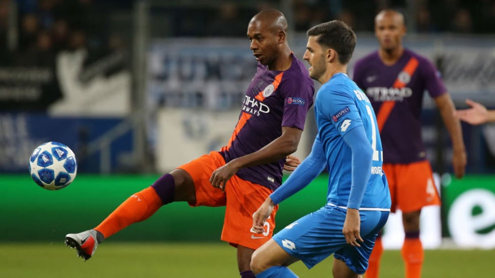 BY THE RIGHT : Fernandinho looks to set up a City attack